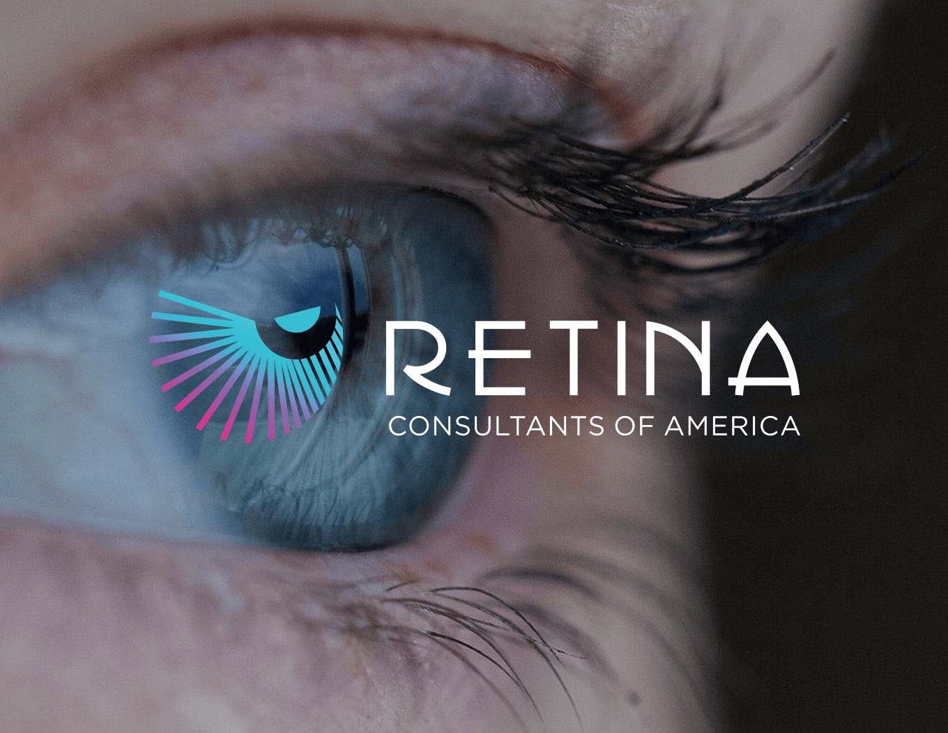 Close-up of a blue eye with the Retina Consultants of America logo overlaid.